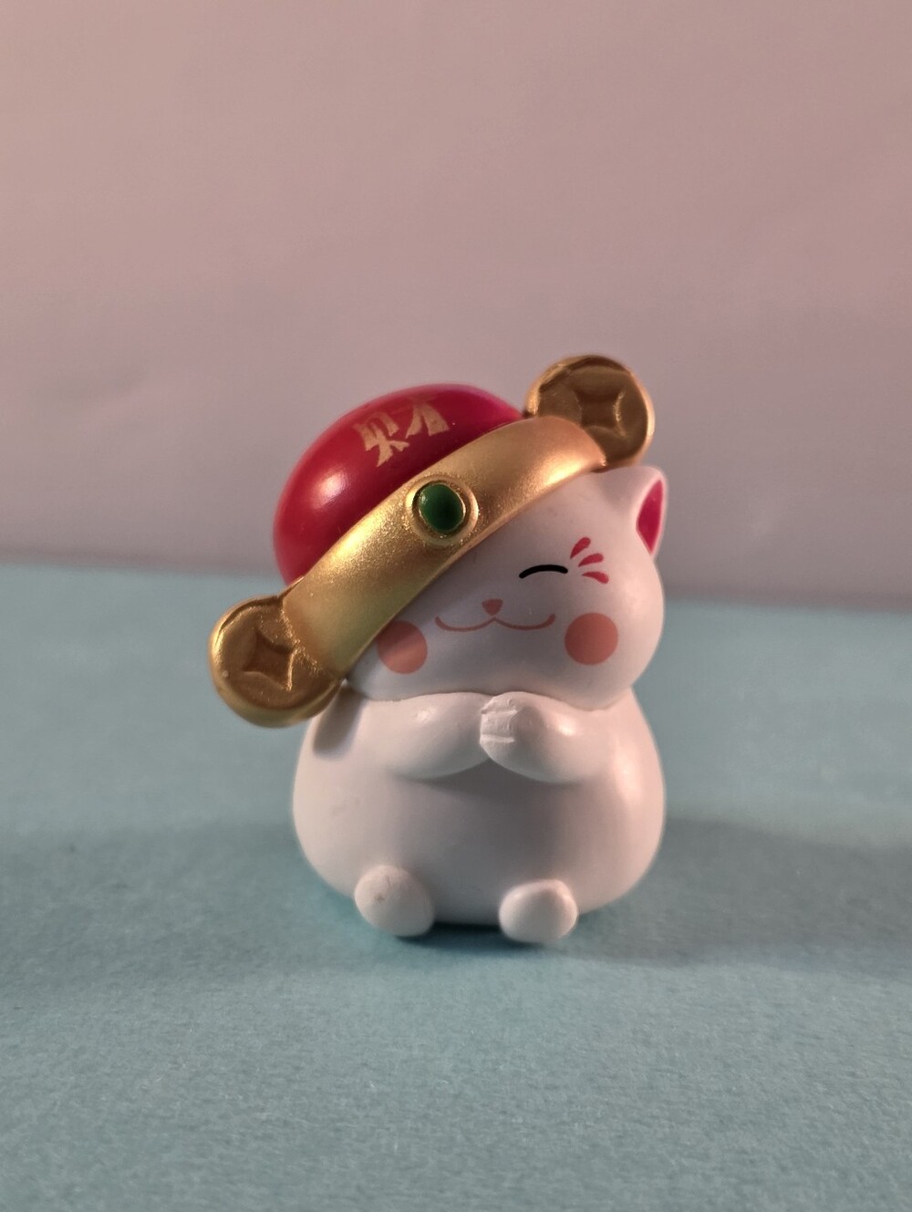 Lucky Cat Small Pet Figurine - White with Gold & Red Hat